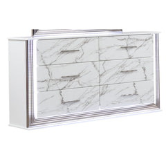 Diary Dresser Marble Patterned Drawer Fronts with Sleek White Finish, Metallic Handle and Six Spacious Drawers for Elegant Bedroom Storage (INCLUDES ONLY DRESSER)