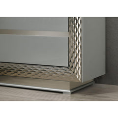 Glam Style 1pc Vanity Set w/ Stool Plinth Base Silver Molding Glass Top LED On Headboard And Mirror Gray Finish Bedroom Furniture