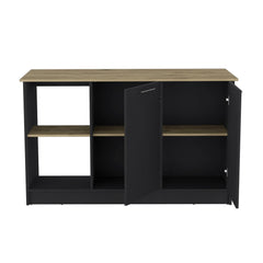Kitchen Island with Large Countertop, Open Storage Shelves and Double Door Cabinet, Black / Macadamia