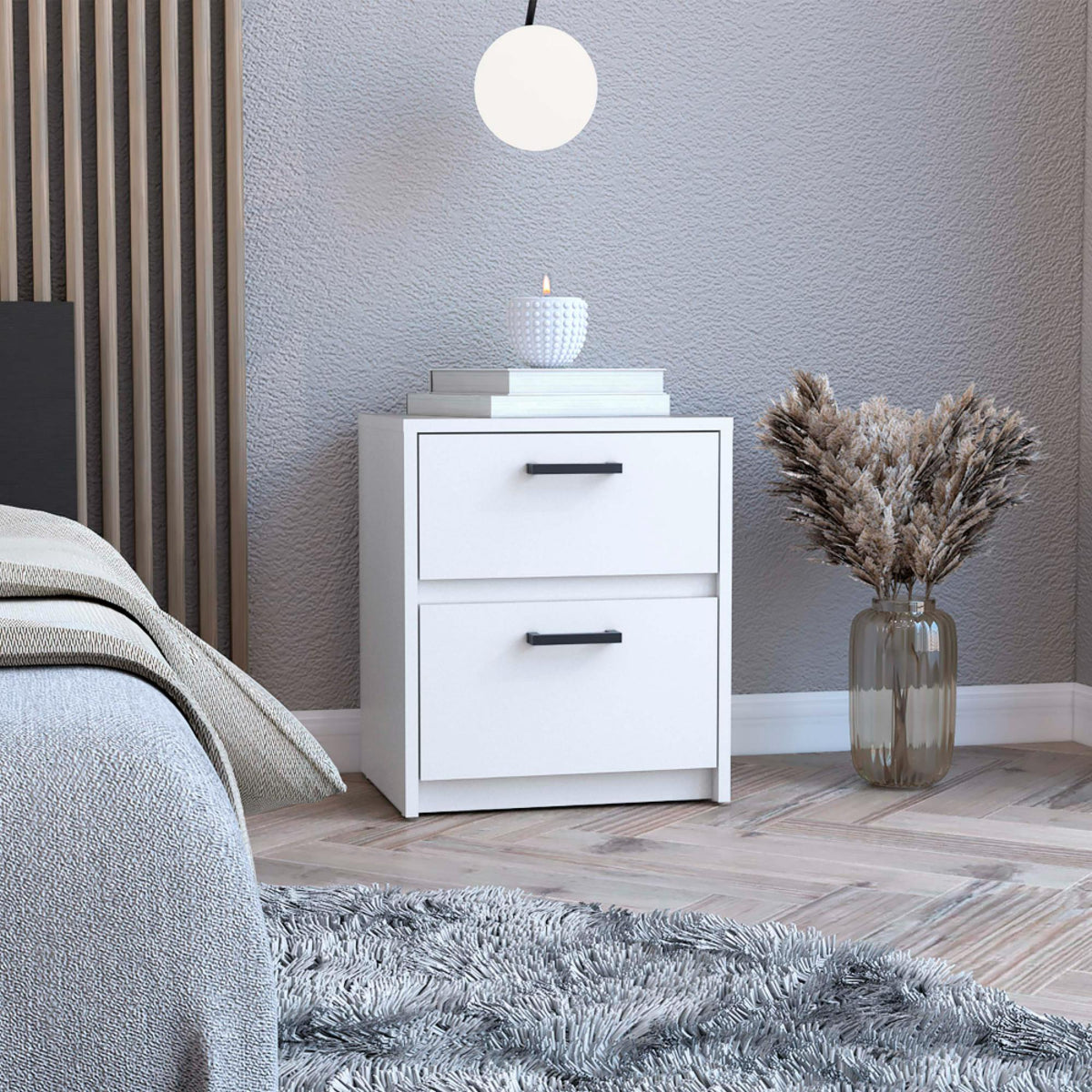 Crest 2 Drawers Nightstand , End Table, Side Table Metal Handles -White