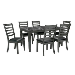 Agamemnon Classic Dark Gray 7pc Dining Set Faux Marble Top Dining Table 6xSide Chairs Leatherette Seats Dining Room Furniture