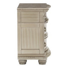 Lyric 35 Inch 3 Drawer Nightstand with Marble Top, Leaf Carvings, Silver
