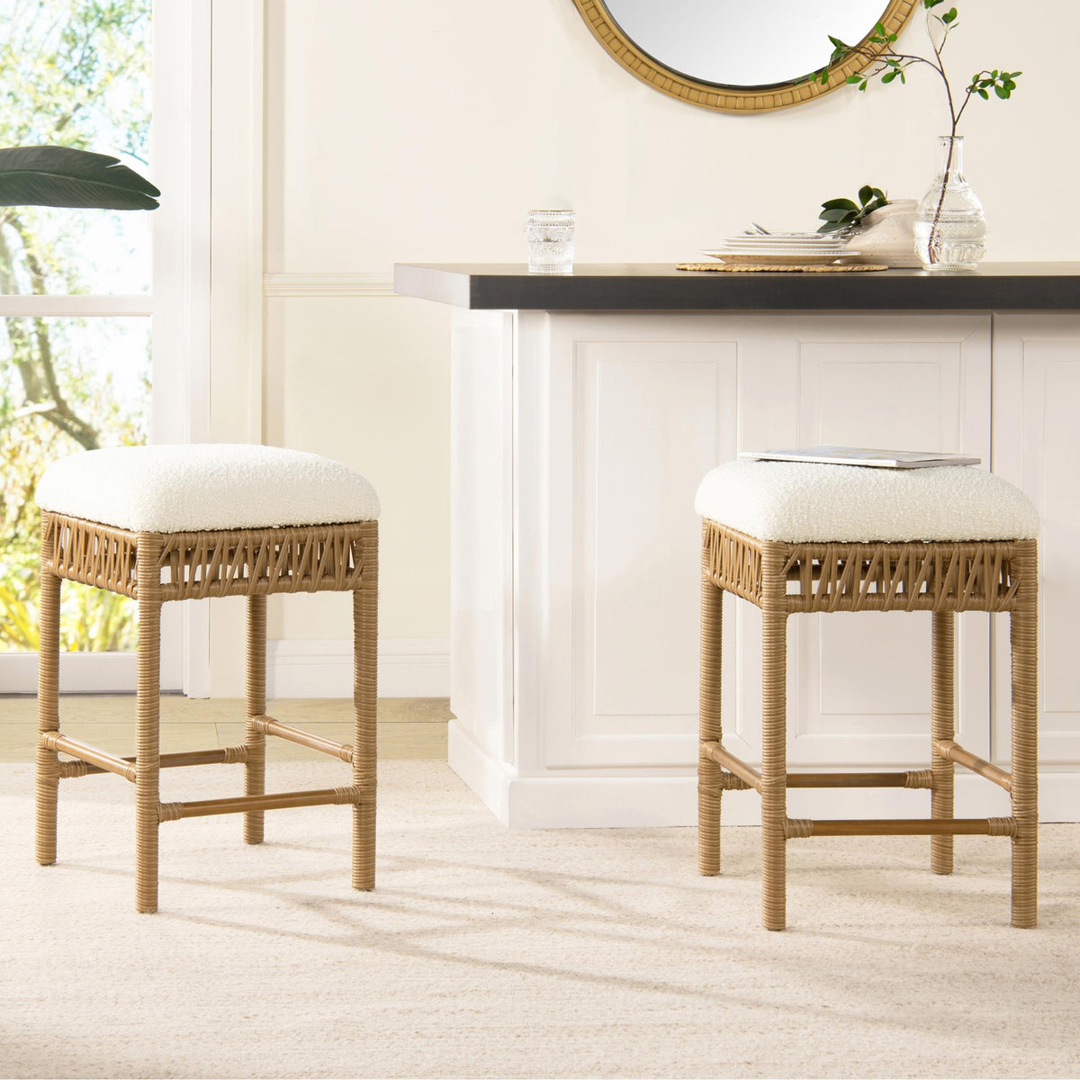 Demeter 25.5" Backless Upholstered Counter Stool with Resin Rattan Frame, Ivory White Boucle
