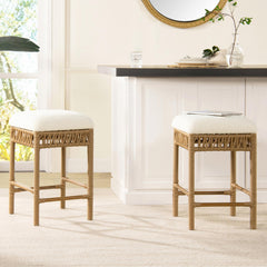 Demeter 25.5" Backless Upholstered Counter Stool with Resin Rattan Frame, Ivory White Boucle