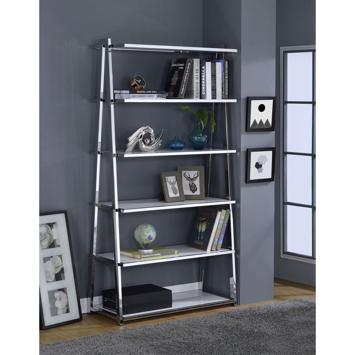 Aura White High Gloss & Chrome Finish Bookshelf