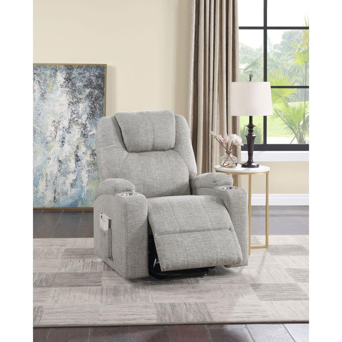 Light Gray Chenille Recliner w/Power Lift & Massage