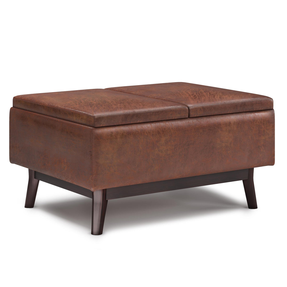 Hecuba 34 inch Wide Tray Top Small Coffee Table Storage Ottoman in Distressed Saddle Brown Vegan Leather