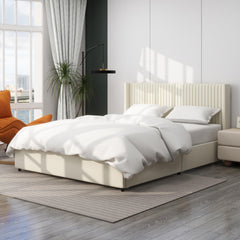 Andromache Patented 2-Drawer Storage Bed Queen Size Ivory Velvet Upholstered Wingback Platform Bed, Modern Design Headboard with Tight Channel, Wooden Slat Mattress Support No Box Spring Needed