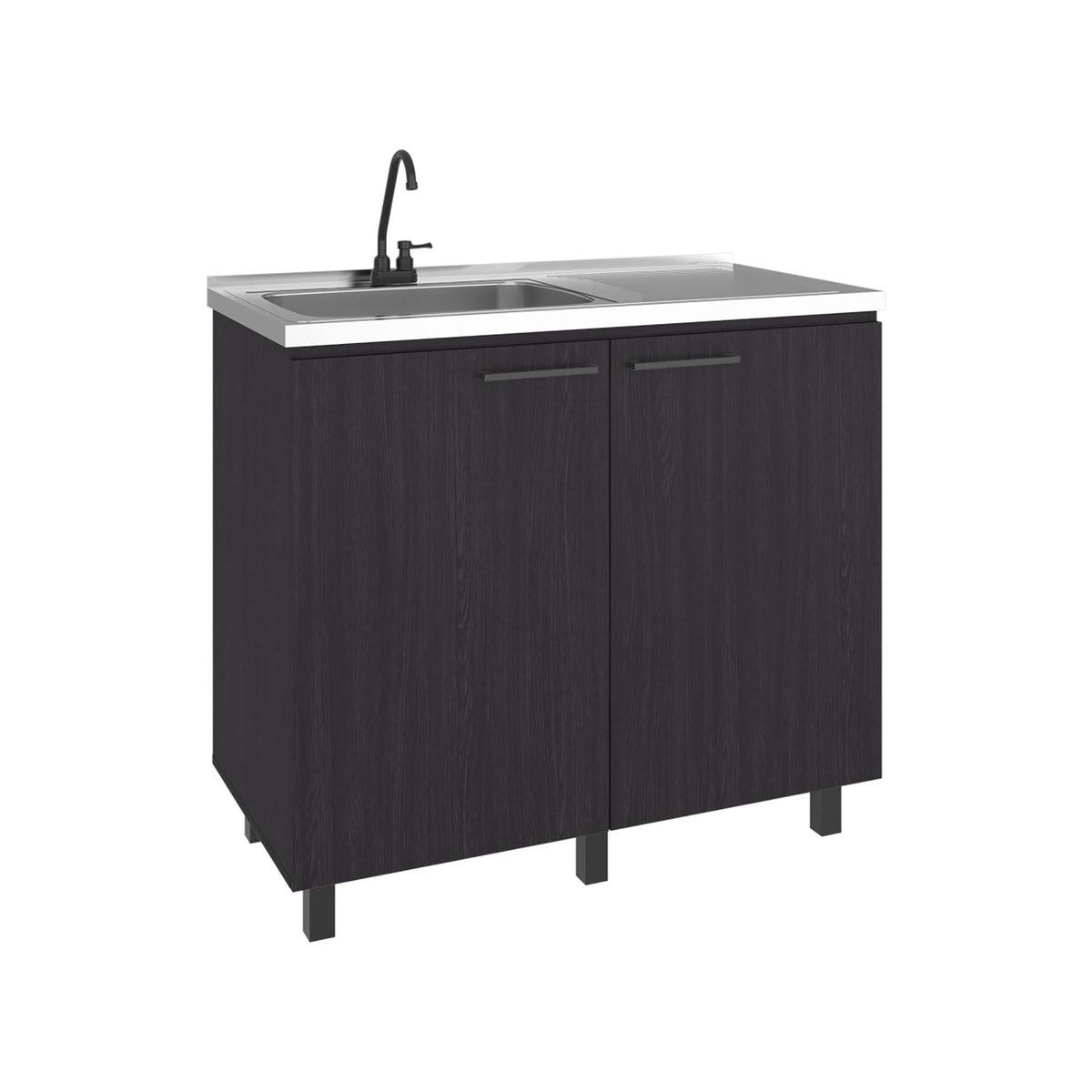 Pulsar Utility Sink Complete with Faucet, Freestanding Base with Legs and Deep Stainless Steel Basin, Modern Multi-Purpose Sink for Kitchen, Laundry or Utility Room, Black + Dark Walnut