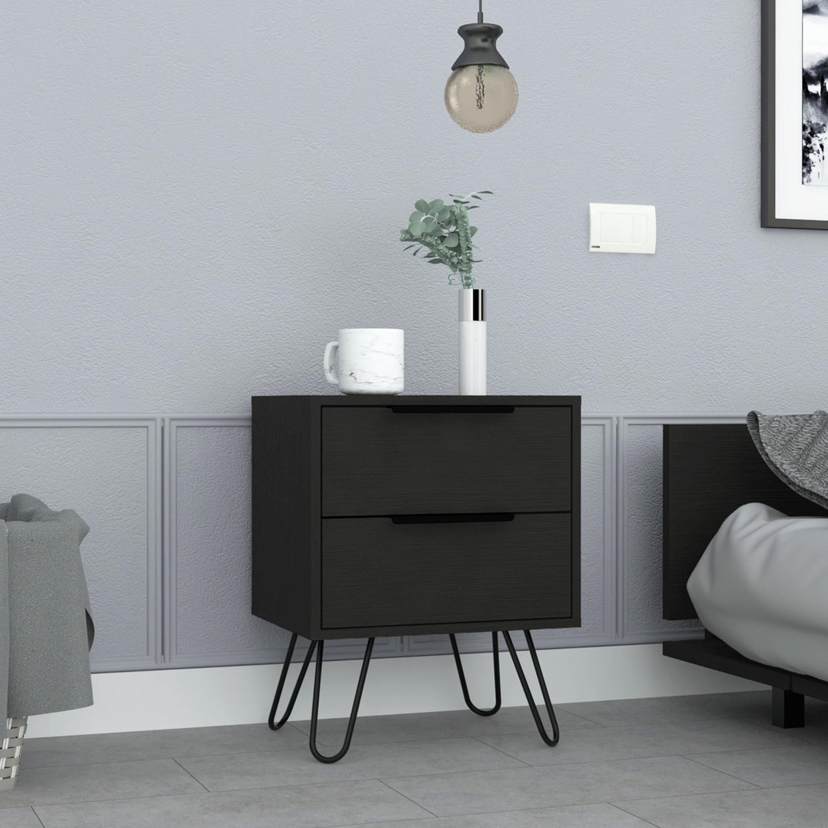 Vault 2 Nightstand , End Table, Side Table Four Legs, Two Drawers -Black