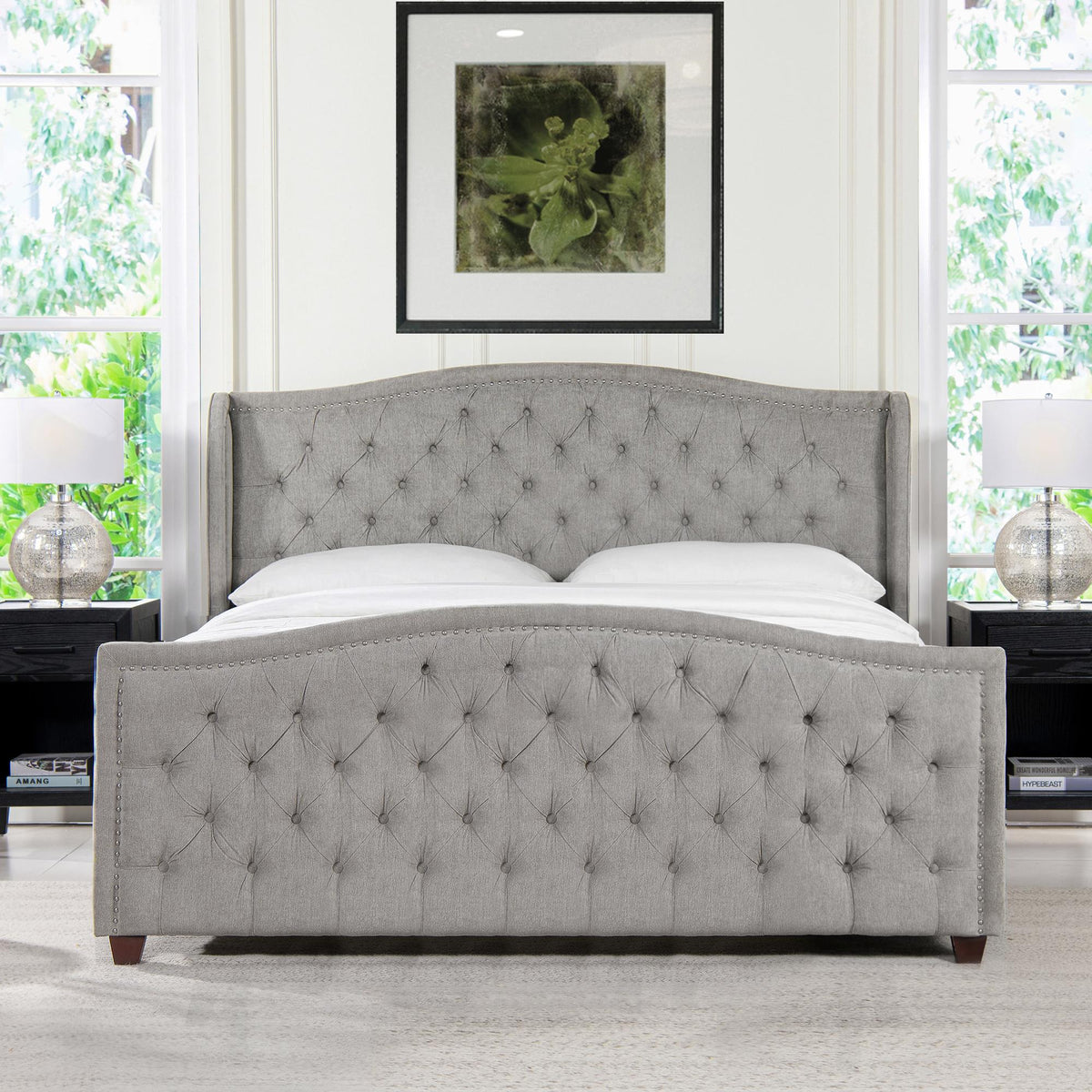 Helen Upholstered Shelter Headboard Bed Set, King, Silver Grey Polyester