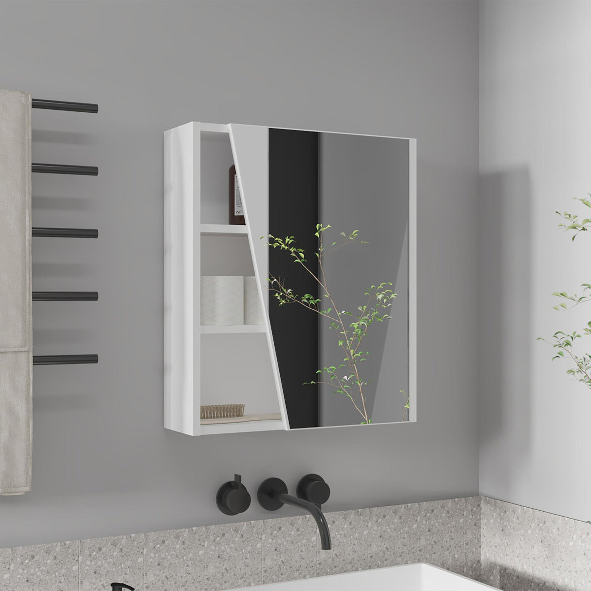 Prometheus Wall-Mounted Mirror Medicine Cabinet With One Door And Four Open Compartments, White