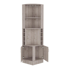 Asteroid bar cabinet 71" H, with two shelves at the top, 1 glass holder, 8 exterior bottle racks, 1 central shelf and a lower drawer with 2 side doors, light gray