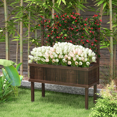 Elevated Wood Planter with Trellis for Climbing Plants, Raised Garden Bed with Legs and Drainage Holes, Carbonized