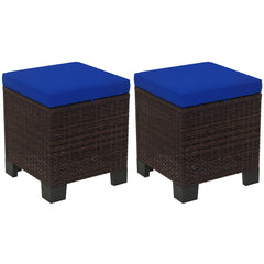 2 Piece Wicker Outdoor Ottomans with Cushions, Rattan Ottoman Footrest and Side Table for Patio, Yard, Poolside, Dark Blue