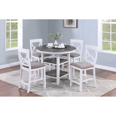 Mercury Height Dining Table w Storage Shelve 4x Chairs Padded Seat Unique Design Back 5pc Dining Set White Color