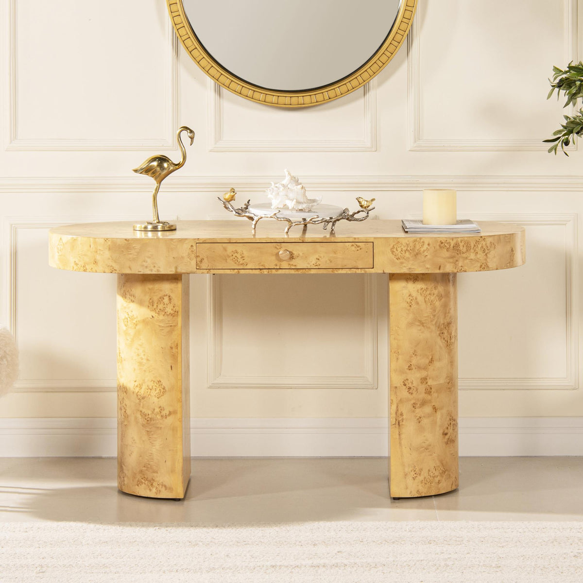Treasury 55.5" Single Drawer Oval Computer Desk, Warm Natural Brown Burl Wood