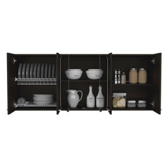 Wall Cabinet 24" H, four Doors, with two internal Shelves and internal plate and glass organizer, two Storage Shelves with two glass Doors, Black
