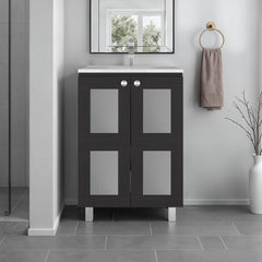 Neptune Bathroom Vanity Cabinet with 2 frosted glass Doors, Resin Sink and 2 Interior Shelves Cabinet, Compact Vintage and Modern Bathroom Vanity