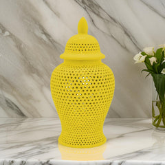 Aurora 25 Inch Ginger Jar, Carved Cutout Lattice, Removable Lid, Yellow