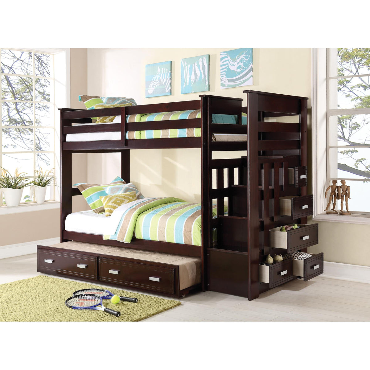 Saga Espresso Finish Twin/Twin Bunk Bed W/Trundle & Storage