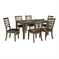 Agamemnon Classic Brown 7pc Dining Set Faux Marble Top Dining Table 6xSide Chairs Leatherette Seats Dining Room Furniture