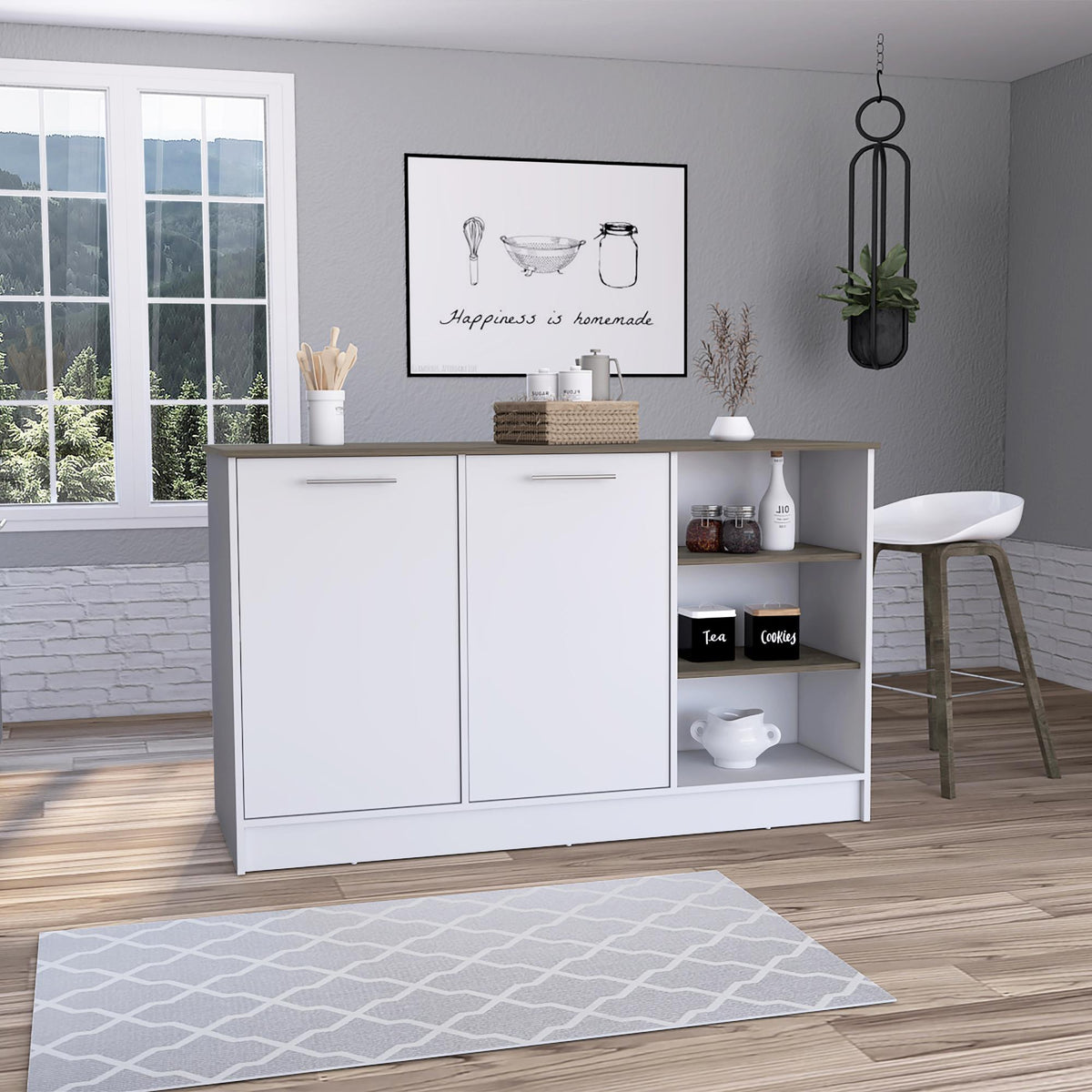 Archive Kitchen Island, Three Open Shelves, Two Cabinets