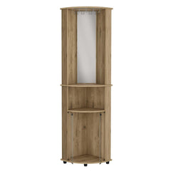 Bar-coffee corner cabinet storage 74" H, with rounded front design, 2 central shelves, 1 glass holder in the upper compartment, 1 storage with double glass door in the lower part, macadamia