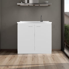Pulsar Utility Sink with Faucet Inclued and Integrated Stainless Steel Counter top, Freestanding cabinet with two doors, Metal Handles and Two interior shelves, White