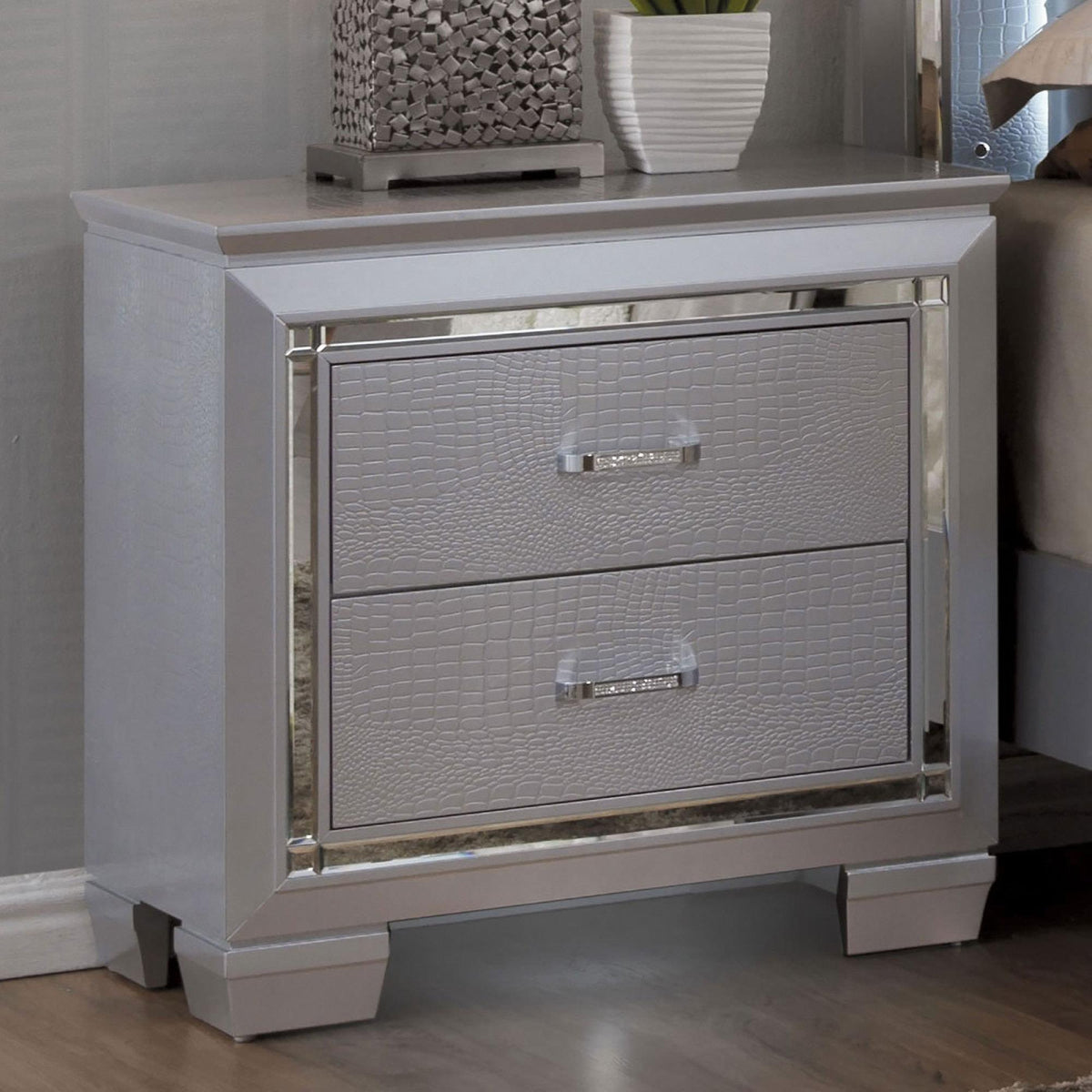 Contemporary 1pc Nightstand Silver Bedside Table LED Light English Dovetail Drawer Bedroom Furniture