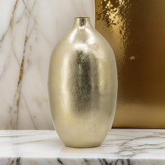 Pandora 19 Inch Modern Vase, Metal, Tall Curved Bottleneck Shape, Gold Finish