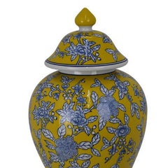 Shangri-La Decorative Jar, Yellow Bird and Floral, Blue Ceramic 20 Inch