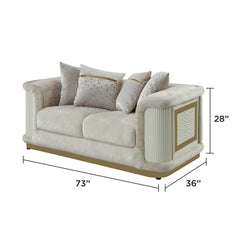Asgard Contemporary Style Loveseat with rich beige color fabric, gold-accented framing, and distinctive diamond-pattern panels