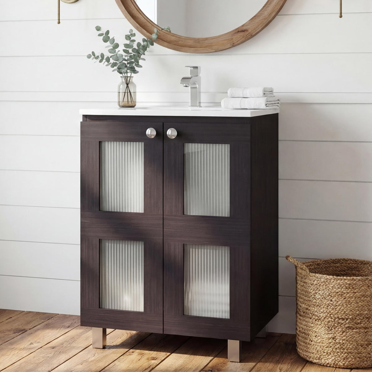 Neptune Bathroom Vanity Cabinet with 2 frosted glass Doors, Resin Sink and 2 Interior Shelves Cabinet, Compact Vintage and Modern Bathroom Vanity