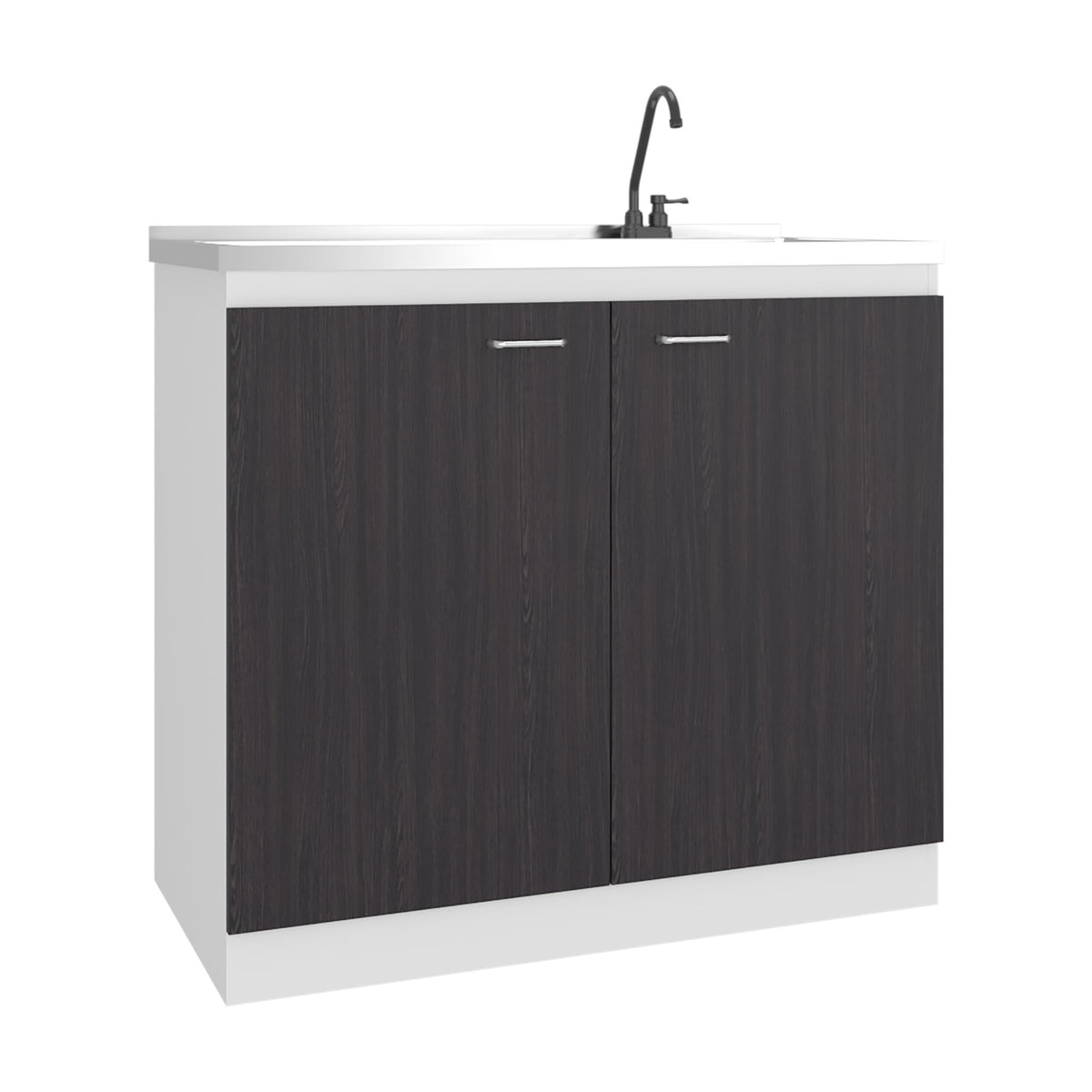 Pulsar Utility Sink with Faucet Inclued and Integrated Stainless Steel Counter top, Freestanding cabinet with two doors, Metal Handles and Two interior shelves, Black & White Print