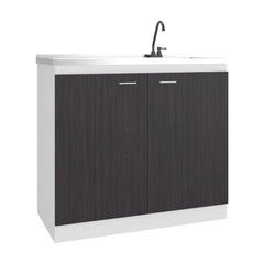Pulsar Utility Sink with Faucet Inclued and Integrated Stainless Steel Counter top, Freestanding cabinet with two doors, Metal Handles and Two interior shelves, Black & White Print