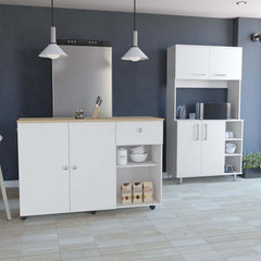 2 Piece Kitchen Set, Kitchen Island Cart + Kitchen Pantry Cabinet, White / Light Oak