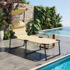 Outdoor Lounge Chair, 4 Position Adjustable Backrest, Folding, Cushioned w/ Sun Shade Roof & Pillow, Cream White