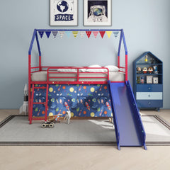 Agamemnon Metal Junior House Twin Loft Bed with Slide and Curtain Set, Super Hero Color Red and Blue