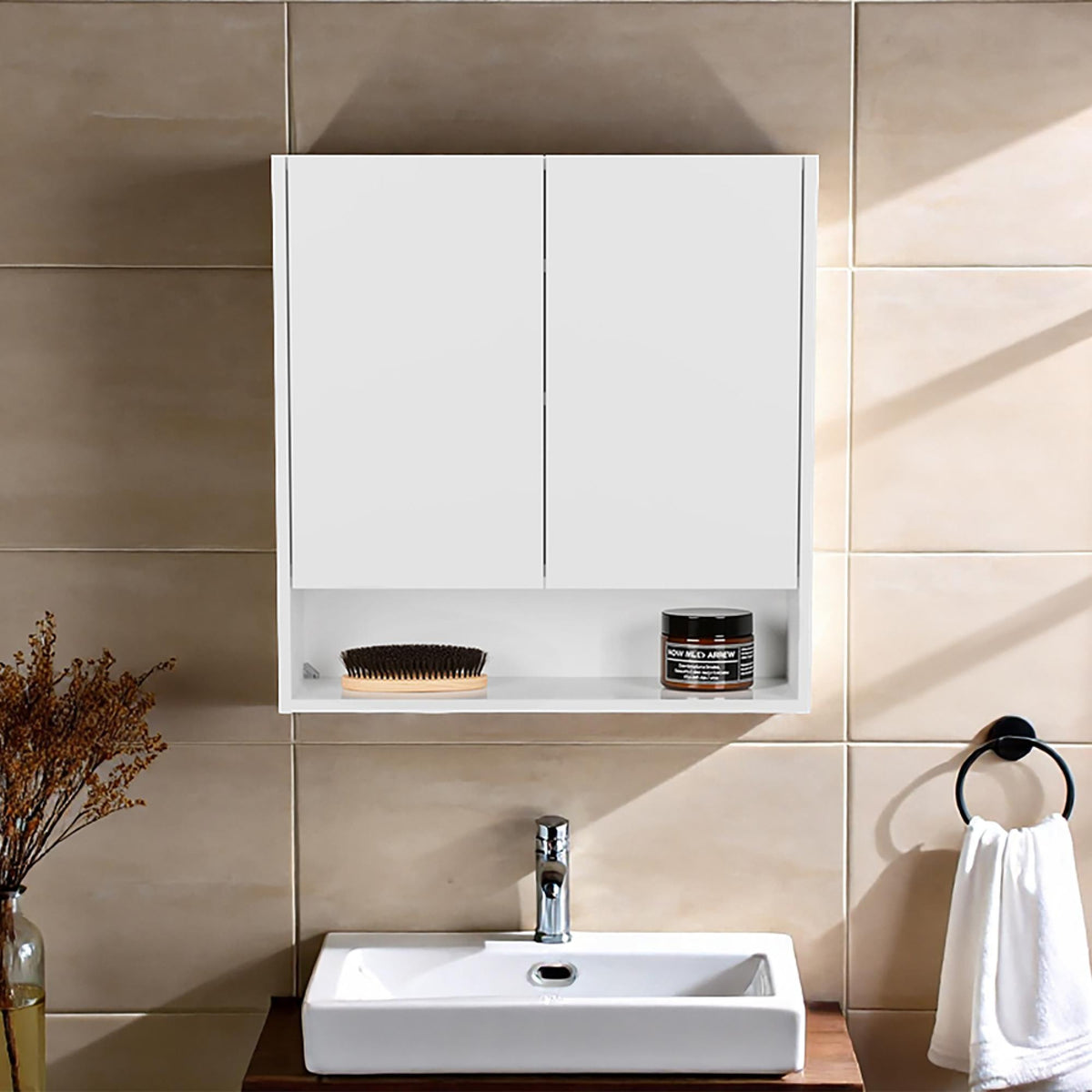 Double-Door Medicine Cabinet With Mirrored Doors And Interior Shelves
