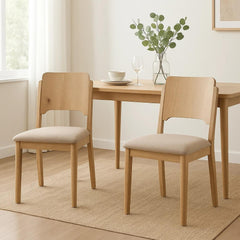 Aura Dining Chair Set of 2, Khaki Padded Fabric Seat, Brown Wood Legs