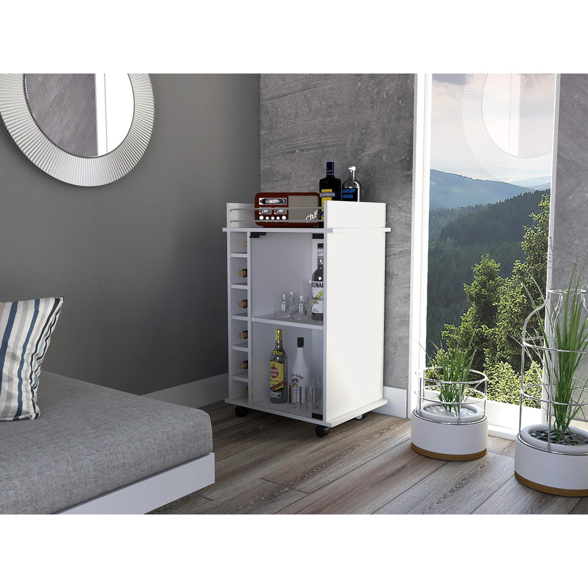 Waltz Bar Cart,Two Shelves, Six Built-in Wine Rack, Four Casters -White