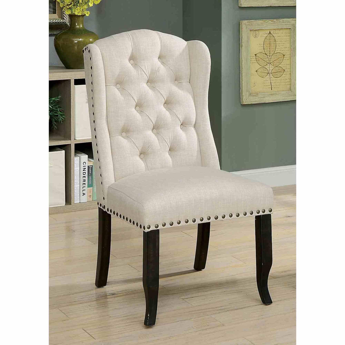 Rustic Style 2pc Side Chair Button Tufted Nailhead Trim Wingback Antique Black And Beige Finish Dining Room