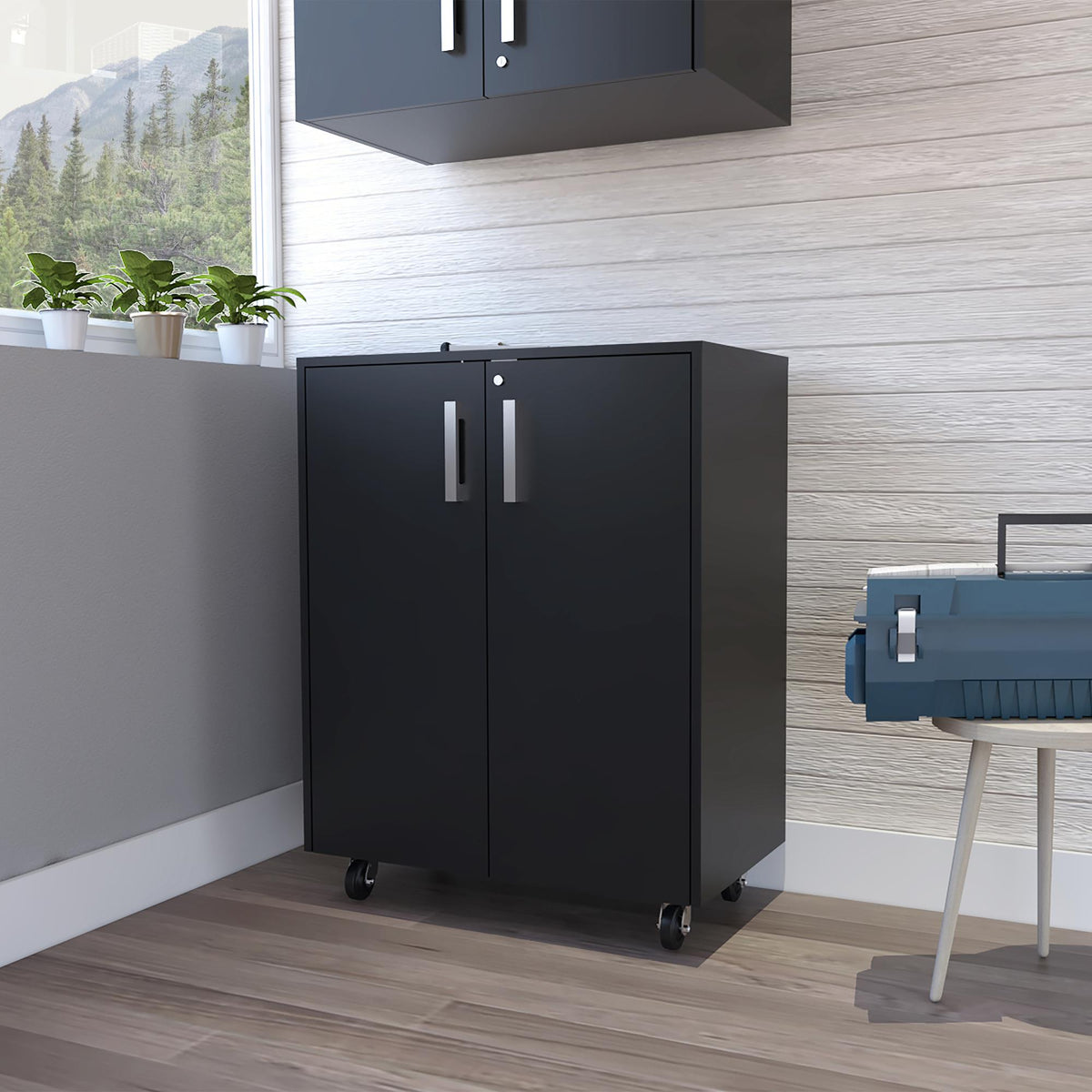 Storage Cabinet, Casters, Double Door, Two Interior Shelves -Black
