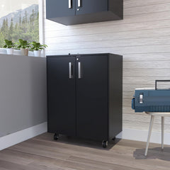 Storage Cabinet, Casters, Double Door, Two Interior Shelves -Black