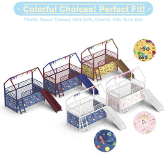 Agamemnon Metal Junior House Twin Loft Bed with Slide and Curtain Set, Super Hero Color Red and Blue