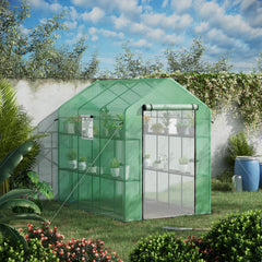 7' x 5' x 6' Walk-in Greenhouse for Outdoors with Mesh Door and Windows, 18 Shelf Hot House with Trellis, Plant Labels, UV Protective for Growing Flowers, Herbs, Vegetables, Saplings, Green