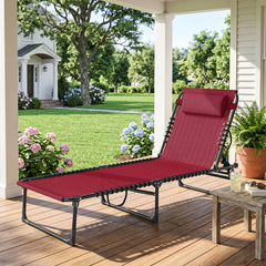 Folding Chaise Lounge Pool Chair with 4-Position Reclining Back, Pillow, Breathable Mesh & Bungee Seat, Wine Red