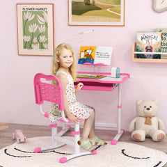 Kids Desk and Chair Set with USB Light, Storage Drawer, Pink
