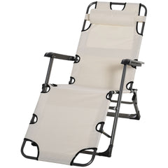 Folding Chaise Lounge Chair for Outside, 2-in-1 Tanning Chair with Pillow & Pocket, Adjustable Pool Chair for Beach, Patio, Lawn, Deck, Cream White